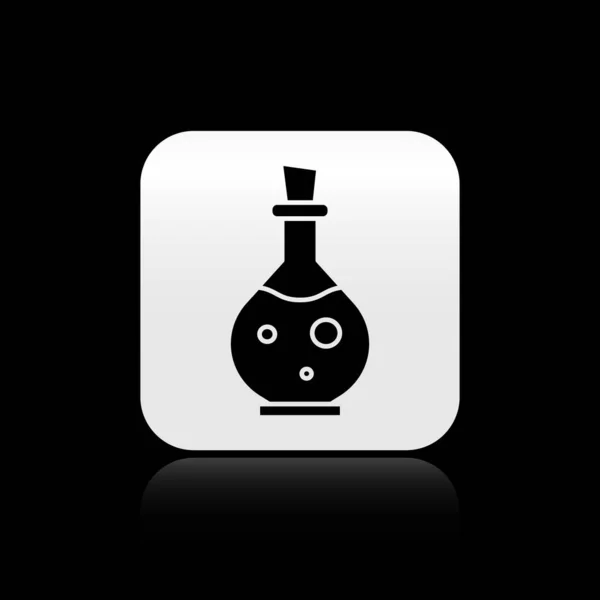 Black Glass bottle with magic elixir icon isolated on black background. Computer game asset. Silver square button. Vector Illustration — Stock Vector