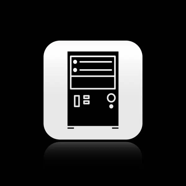 Icono de ordenador negro aislado sobre fondo negro. Signo de componente PC. Botón cuadrado plateado. Ilustración vectorial — Archivo Imágenes Vectoriales