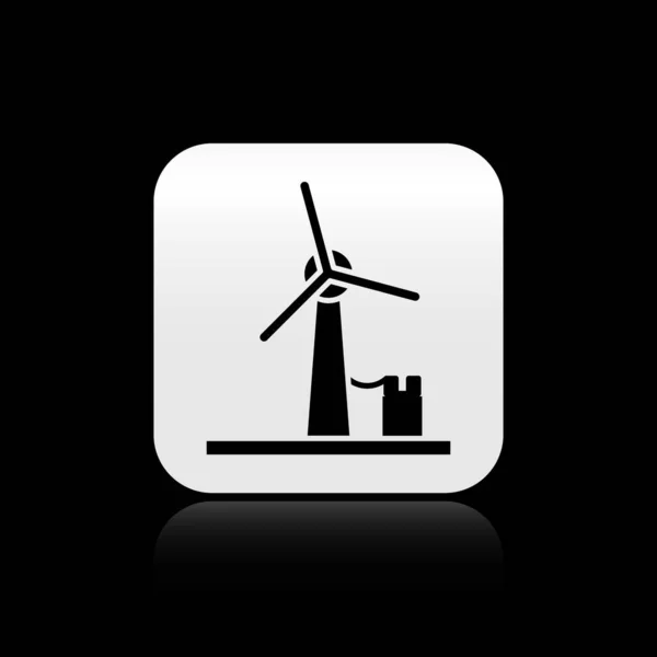 Black Wind turbine icon isolated on black background. Wind generator sign. Windmill for electric power production. Silver square button. Vector Illustration — 스톡 벡터