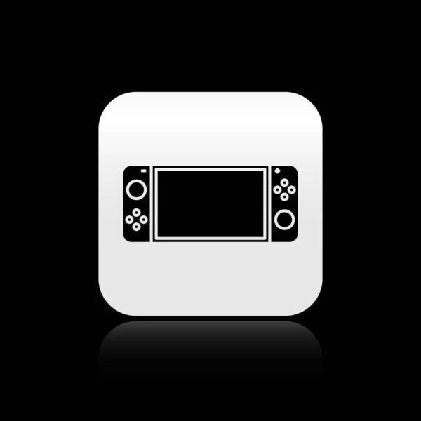 Icona console portatile nera per videogiochi isolata su sfondo nero. Segno del gamepad. Concetto di gioco. Pulsante quadrato argento. Illustrazione vettoriale — Vettoriale Stock