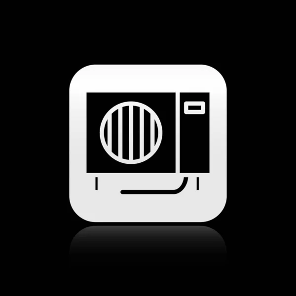 Icono del acondicionador de aire negro aislado sobre fondo negro. Sistema Split de aire acondicionado. Sistema de control de clima frío y frío. Botón cuadrado plateado. Ilustración vectorial — Vector de stock