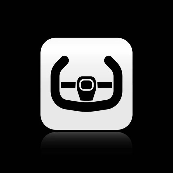 Schwarzes Sportlenkrad-Symbol isoliert auf schwarzem Hintergrund. Autorad-Ikone. Silberner quadratischer Knopf. Vektorillustration — Stockvektor