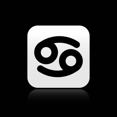 Kara Kanser burç simgesi siyah arka planda izole edildi. Astrolojik yıldız falı koleksiyonu. Gümüş kare düğme. Vektör İllüstrasyonu