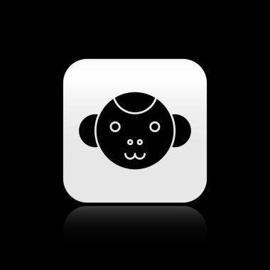 Siyah maymun burç simgesi siyah arka planda izole edildi. Astrolojik yıldız falı koleksiyonu. Gümüş kare düğme. Vektör İllüstrasyonu