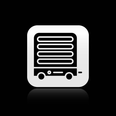 Siyah elektrikli ısıtıcı simgesi siyah arkaplanda izole edildi. Uzaktan kumandalı kızıl ötesi ısıtıcı. Klima kontrolü. Gümüş kare düğme. Vektör İllüstrasyonu