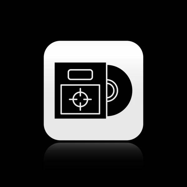CD negro o DVD en caja icono aislado sobre fondo negro. Signo de disco compacto. Botón cuadrado plateado. Ilustración vectorial — Vector de stock