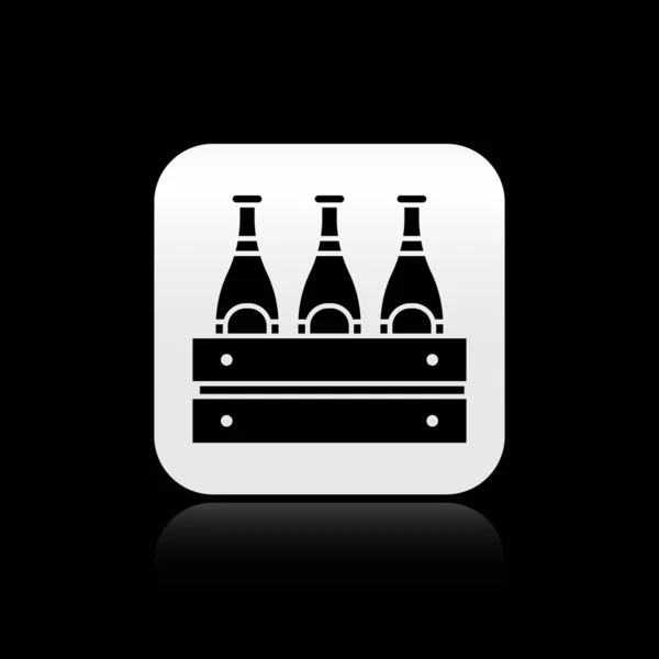 Pack negro de botellas de cerveza icono aislado sobre fondo negro. Caja de madera y botellas de cerveza. Cartel de caja de cerveza caja de caja. Botón cuadrado plateado. Ilustración vectorial — Vector de stock