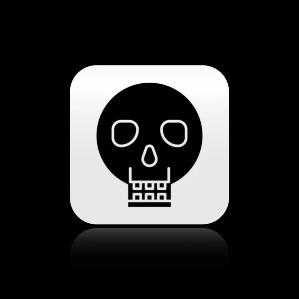 Icono de Black Skull aislado sobre fondo negro. Feliz fiesta de Halloween. Botón cuadrado plateado. Ilustración vectorial — Vector de stock