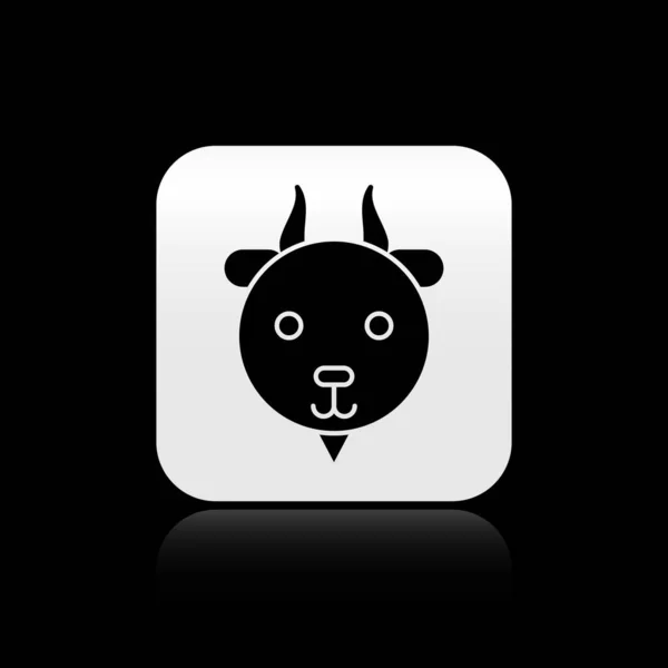 Signo zodiacal de Aries negro aislado sobre fondo negro. Colección de horóscopos astrológicos. Botón cuadrado plateado. Ilustración vectorial — Vector de stock