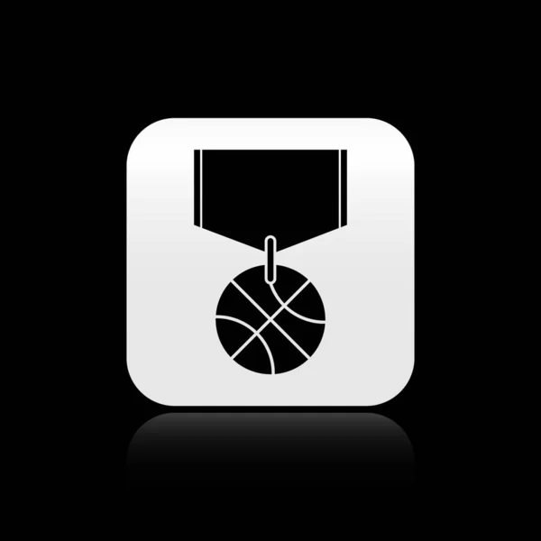 Médaille de basket-ball noir avec icône de ruban isolé sur fond noir. Bouton carré argenté. Illustration vectorielle — Image vectorielle