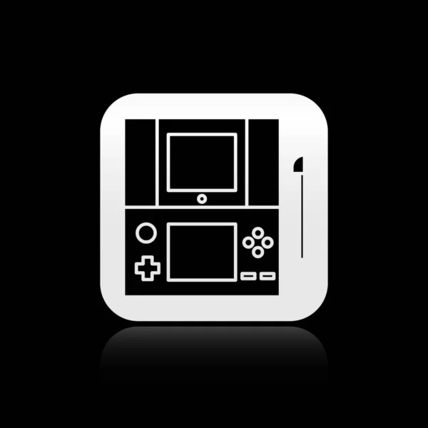 Black Portable video game console icon isolated on black background. Gamepad sign. Gaming concept. Silver square button. Vector Illustration — Stock Vector