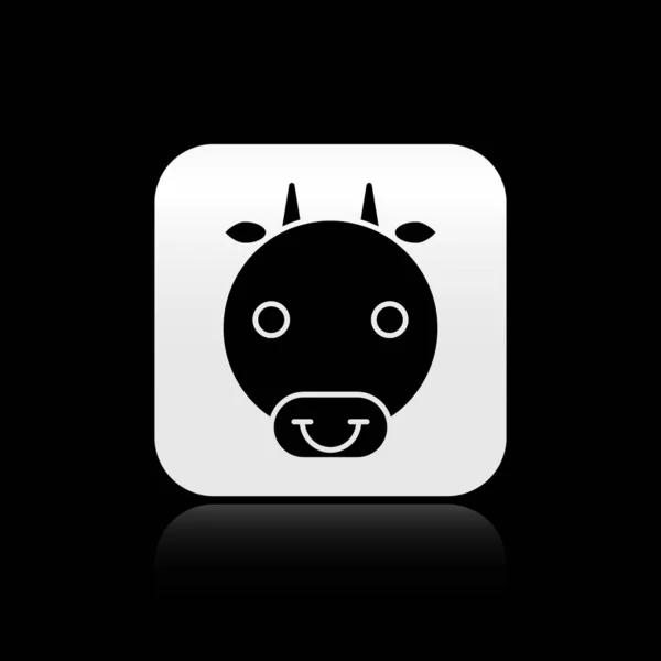Zwarte Ox dierenriem pictogram geïsoleerd op zwarte achtergrond. Astrologische horoscoop collectie. Zilveren vierkante knop. Vector Illustratie — Stockvector