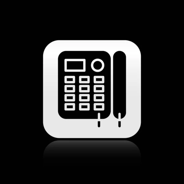 Schwarzes Telefonsymbol isoliert auf schwarzem Hintergrund. Festnetztelefon. Silberner quadratischer Knopf. Vektorillustration — Stockvektor