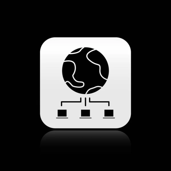 Black Computer network icon isolated on black background. Online gaming. Laptop network. Internet connection. Silver square button. Vector Illustration — ストックベクタ