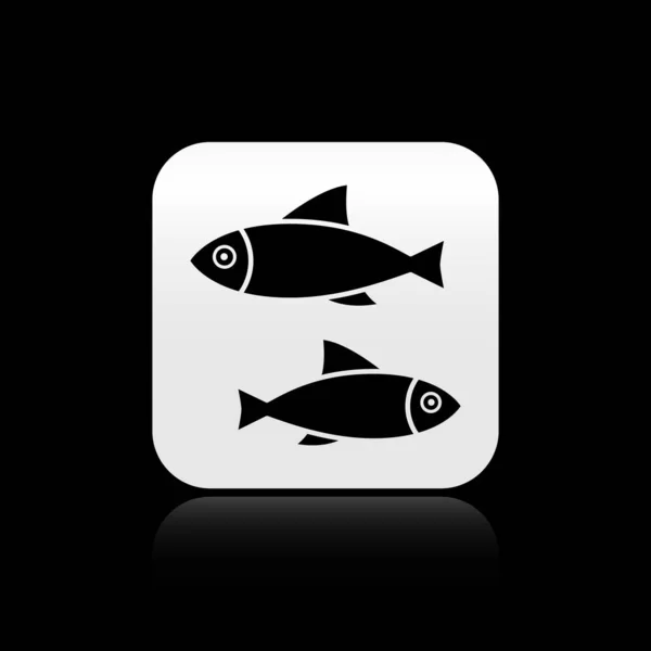 Icono de Black Fish aislado sobre fondo negro. Botón cuadrado plateado. Ilustración vectorial — Vector de stock