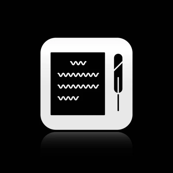 Czarny pióro pióro i papier przewijać ikona izolowany na czarny tło. Srebrny przycisk. Ilustracja wektora — Wektor stockowy