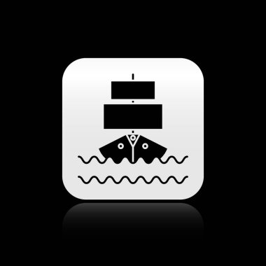 Siyah arka planda yalıtılmış Siyah Gemi simgesi. Gümüş kare düğme. Vektör İllüstrasyonu
