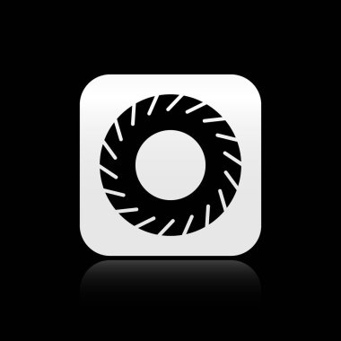 Siyah araba lastik ikonu siyah arkaplanda izole edildi. Gümüş kare düğme. Vektör İllüstrasyonu