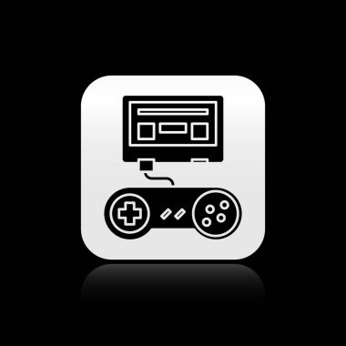 Siyah arkaplanda joystick simgesi olan siyah video oyun konsolu. Gümüş kare düğme. Vektör İllüstrasyonu