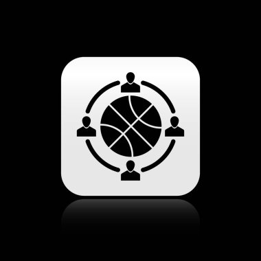 Siyah arka planda izole edilmiş, içinde basketbol topu olan siyah saat. Basketbol zamanı. Spor ve antrenman. Gümüş kare düğme. Vektör İllüstrasyonu