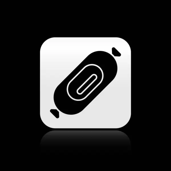 Schwarze Wurst-Ikone isoliert auf schwarzem Hintergrund. Fleischfeinkostprodukt. Silberner quadratischer Knopf. Vektorillustration — Stockvektor