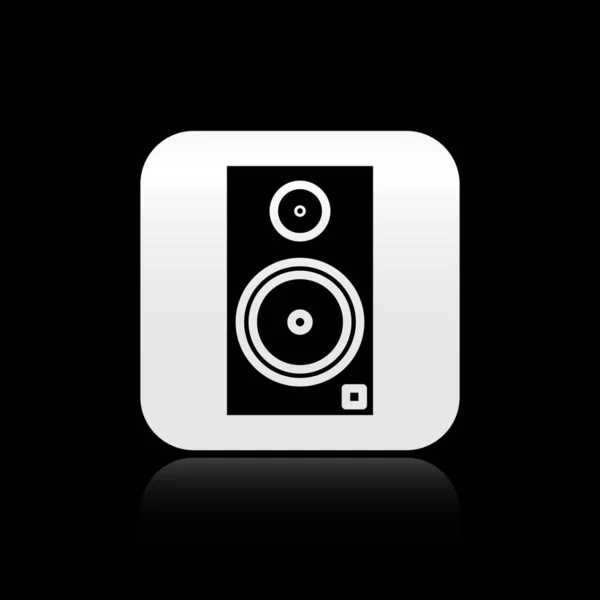 Black Stereo speaker icon isolated on black background. Sound system speakers. Music icon. Musical column speaker bass equipment. Silver square button. Vector Illustration — Stock Vector