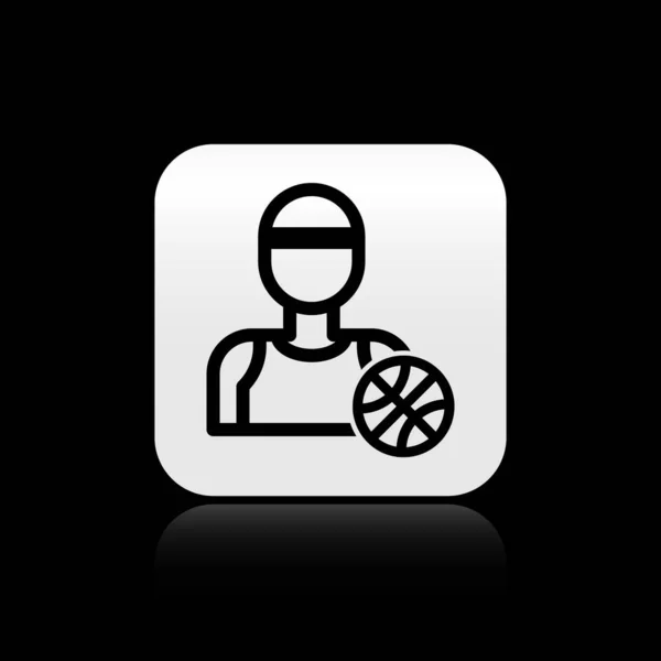 Ícone de jogador de basquete preto isolado em fundo preto. Botão quadrado de prata. Ilustração vetorial — Vetor de Stock