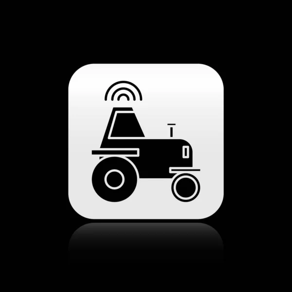 黑色的自驾驶无线拖拉机在一个聪明的农场图标孤立的黑色背景。 智能农业实施要素。 银方按钮。 病媒图解 — 图库矢量图片