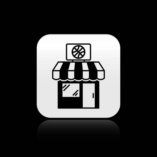 Black Sports winkel en basketbal pictogram geïsoleerd op zwarte achtergrond. Sportwinkel. Zilveren vierkante knop. Vector Illustratie — Stockvector