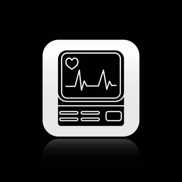 Monitor de computador preto com ícone de cardiograma isolado em fundo preto. Ícone de monitoramento. Monitor de ECG com mão batida cardíaca desenhada. Botão quadrado de prata. Ilustração vetorial — Vetor de Stock