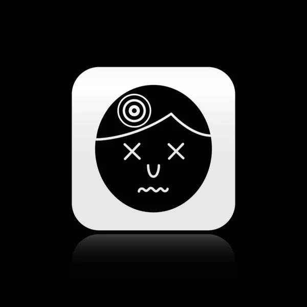 Black Man having headache, migraine icon isolated on black background. Silver square button. Vector Illustration — Stock Vector