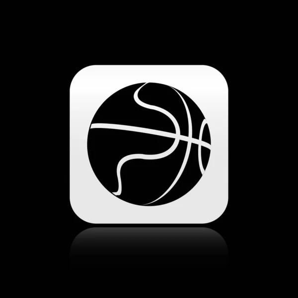 Ícone de bola de basquete preto isolado no fundo preto. Símbolo desportivo. Botão quadrado de prata. Ilustração vetorial — Vetor de Stock