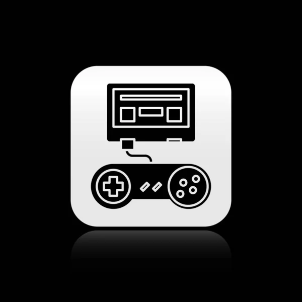 Black Video game console with joystick icon isolated on black background. Silver square button. Vector Illustration — Stock Vector