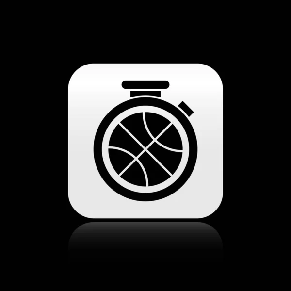 Chronomètre noir avec ballon de basket à l'intérieur icône isolé sur fond noir. C'est l'heure du basket. Sport et entraînement. Bouton carré argenté. Illustration vectorielle — Image vectorielle