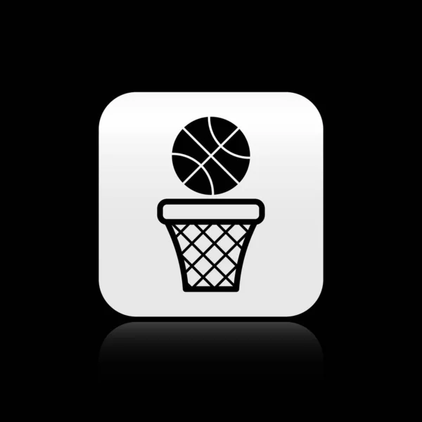 Μαύρο Μπάσκετ μπάλα και καλάθι εικονίδιο απομονώνονται σε μαύρο φόντο. Μπάλα σε στεφάνι μπάσκετ. Ασημένιο τετράγωνο κουμπί. Εικονογράφηση διανύσματος — Διανυσματικό Αρχείο