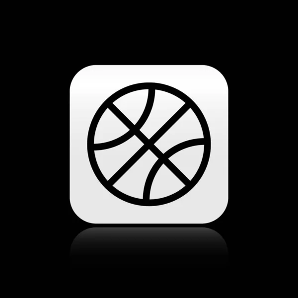 Zwarte Basketbal pictogram geïsoleerd op zwarte achtergrond. Sport symbool. Zilveren vierkante knop. Vector Illustratie — Stockvector