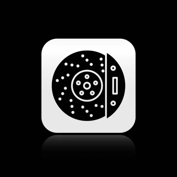 Schwarze Autobremsscheibe mit Sattelsymbol isoliert auf schwarzem Hintergrund. Silberner quadratischer Knopf. Vektorillustration — Stockvektor