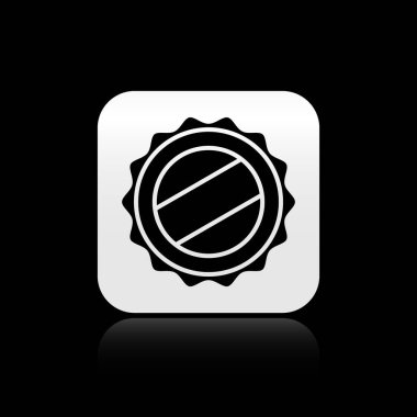 Siyah arka planda siyah şişe kapağı simgesi izole edildi. Gümüş kare düğme. Vektör İllüstrasyonu