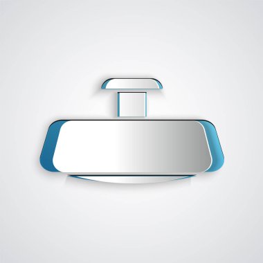 Kağıt kesiği araba aynası ikonu gri arka planda izole edilmiş. Kağıt sanatı tarzı. Vektör İllüstrasyonu