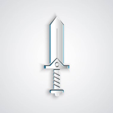 Kağıt kesiği Kılıç oyun simgesi için gri arkaplanda izole edildi. Kağıt sanatı tarzı. Vektör İllüstrasyonu