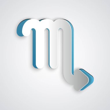 Kağıt kesiği Scorpio burç simgesi gri arka planda izole edilmiş. Astrolojik yıldız falı koleksiyonu. Kağıt sanatı tarzı. Vektör İllüstrasyonu