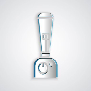 Kağıt kesme Blender simgesi gri arka plan üzerinde izole. Kase ile Mutfak elektrik sabit karıştırıcı. Pişirme smoothies, kokteyl veya meyve suyu. Kağıt sanat tarzı. Vektör İllüstrasyonu