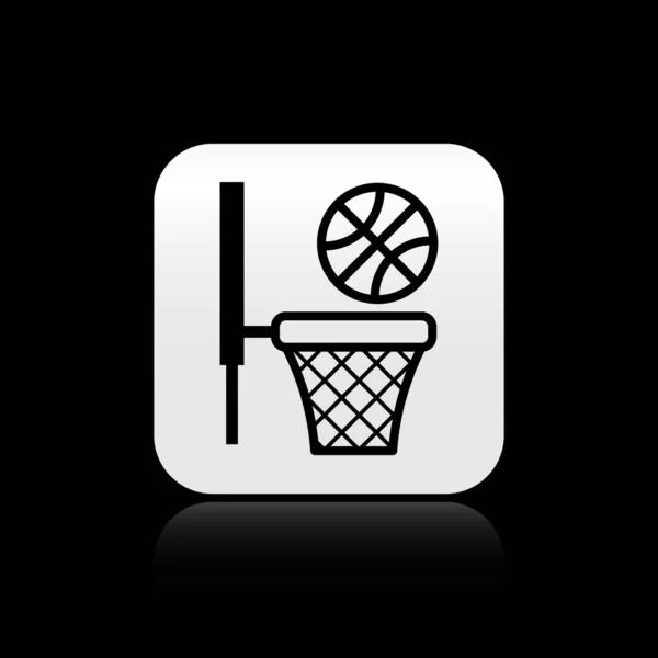 Black Basketball ball and basket icon isolated on black background. Ball in basketball hoop. Silver square button. Vector Illustration — 스톡 벡터