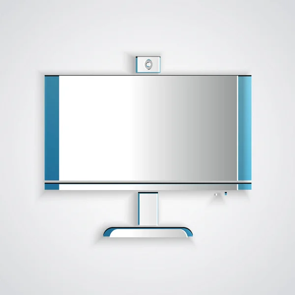 Paper cut Computer monitor icon isolated on grey background. PC component sign. Paper art style. Vector Illustration — Stock Vector