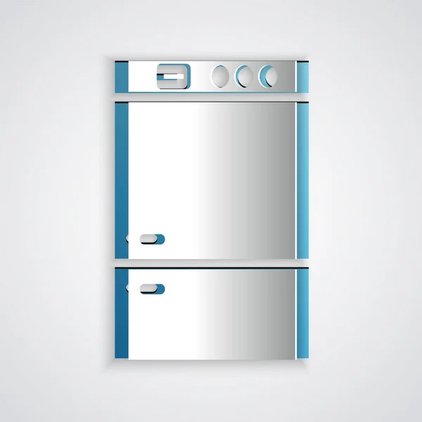 Papel cortado ícone da geladeira isolado no fundo cinza. Frigorífico congelador geladeira. Tecnologia doméstica e electrodomésticos. Estilo de arte de papel. Ilustração vetorial —  Vetores de Stock