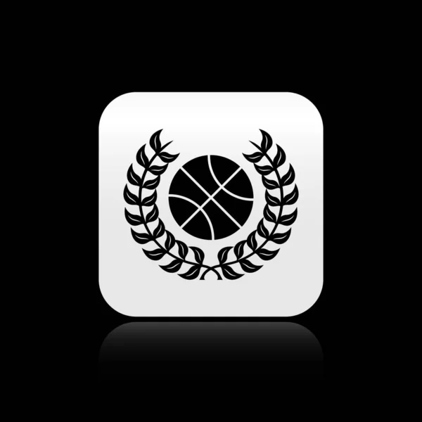 Black Award with basketball ball icon isolated on black background. Laurel wreath. Winner trophy. Championship or competition trophy. Silver square button. Vector Illustration — 스톡 벡터