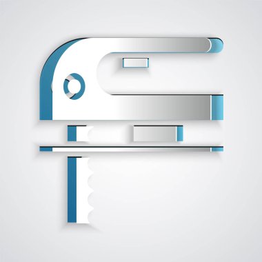 Kağıt kesiği elektrikli yapboz. Gri arka planda çelik keskin bıçak ikonu var. Ahşap işçiliği için elektrikli alet. Kağıt sanatı tarzı. Vektör İllüstrasyonu