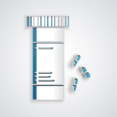 Kağıt kesiği ilaç şişesi ve gri arka planda izole edilmiş ilaç ikonu. Şişe hapı işareti. Eczane tasarımı. Kağıt sanatı tarzı. Vektör İllüstrasyonu