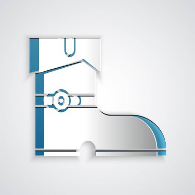 Kağıt kesiği deri bot ikonu gri arka planda izole edilmiş. Kağıt sanatı tarzı. Vektör İllüstrasyonu