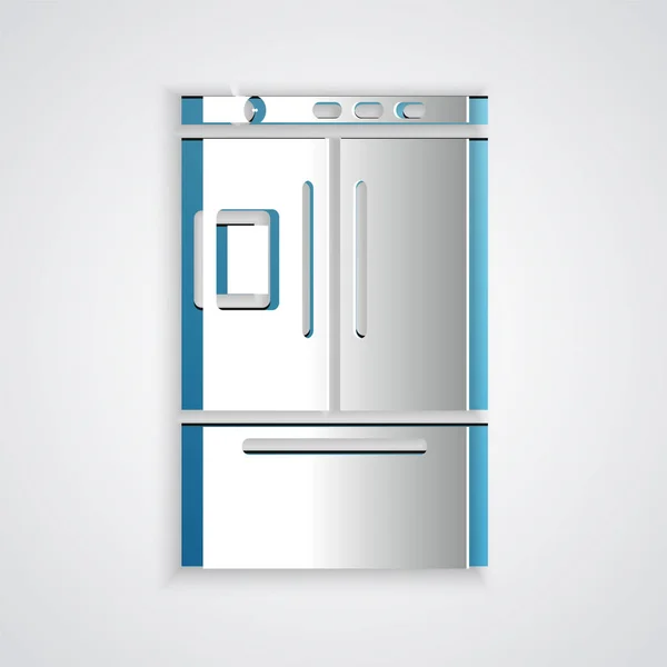 Papel cortado ícone da geladeira isolado no fundo cinza. Frigorífico congelador geladeira. Tecnologia doméstica e electrodomésticos. Estilo de arte de papel. Ilustração vetorial — Vetor de Stock
